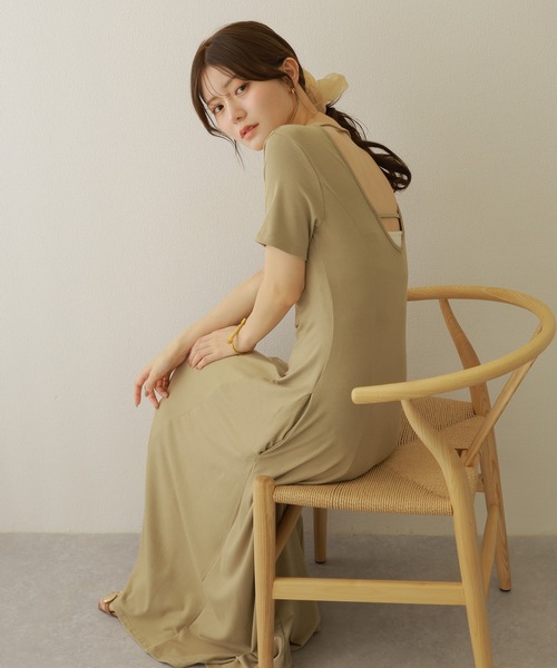 back strap tuck flare long dress /バックストラップタック
