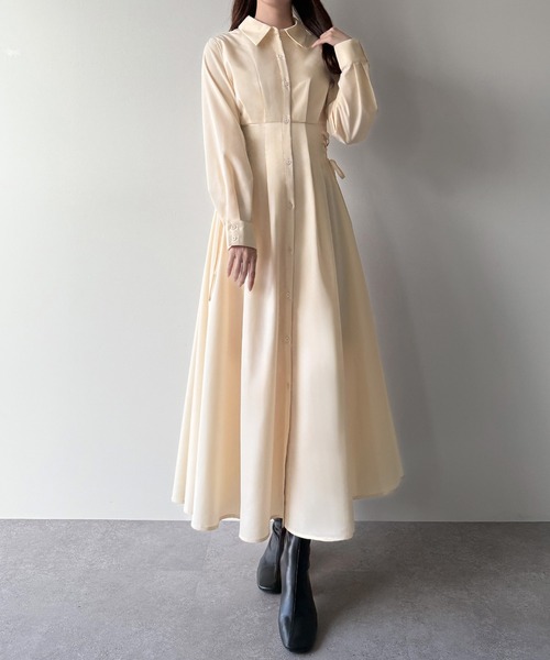 セール】レースアップタックフレアシャツワンピース（シャツワンピース