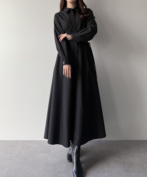 セール】レースアップタックフレアシャツワンピース（シャツワンピース