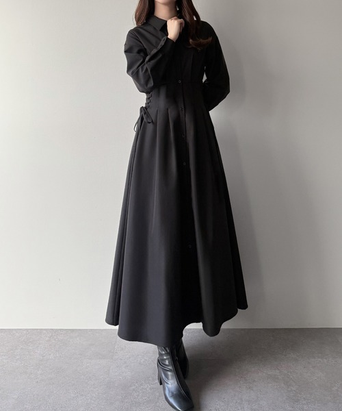 セール】レースアップタックフレアシャツワンピース（シャツワンピース