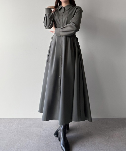 セール】レースアップタックフレアシャツワンピース（シャツワンピース