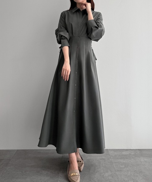 セール】レースアップタックフレアシャツワンピース（シャツワンピース