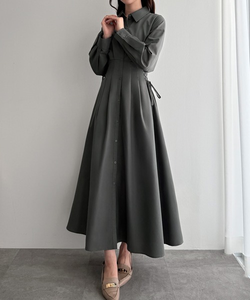 セール】レースアップタックフレアシャツワンピース（シャツワンピース