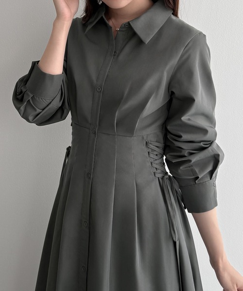 【極美品♡近年モデル】グレースコンチネンタル　ボリュームフレアシャツワンピース セール】レースアップタックフレアシャツワンピース（シャツワンピース