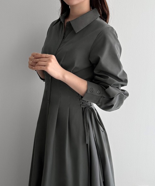 【極美品♡近年モデル】グレースコンチネンタル　ボリュームフレアシャツワンピース セール】レースアップタックフレアシャツワンピース（シャツワンピース