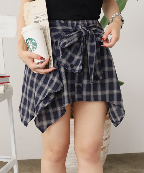 ハーリップトゥ　新品タグハンガー付き　チェックボリュームスカート セール】Check skirt with waist-wrap style design / 腰巻き風