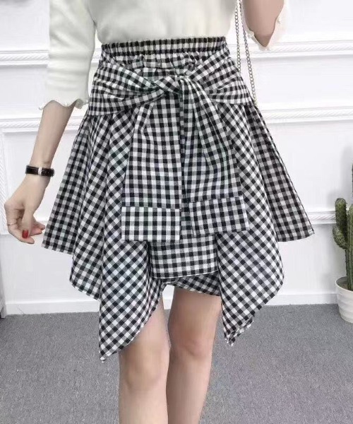セール】Check skirt with waist-wrap style design / 腰巻き風