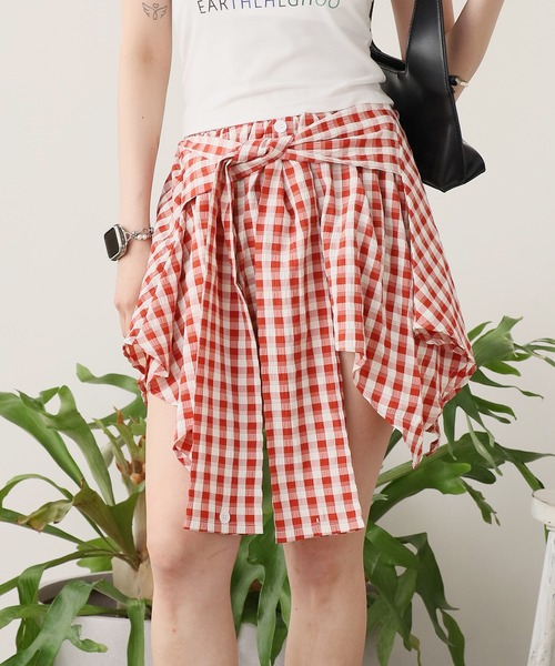 セール】Check skirt with waist-wrap style design / 腰巻き風