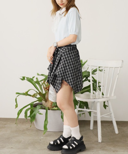 check pleats skirt / サイドドロストチェックスカート スカート drawstring check pleats skirt / ローウエスト