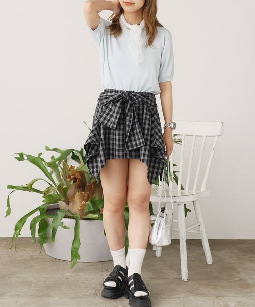 セール】Check skirt with waist-wrap style design / 腰巻き風