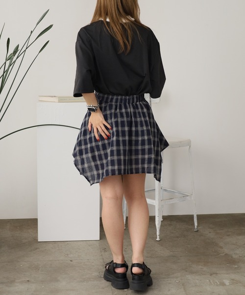 セール】Check skirt with waist-wrap style design / 腰巻き風
