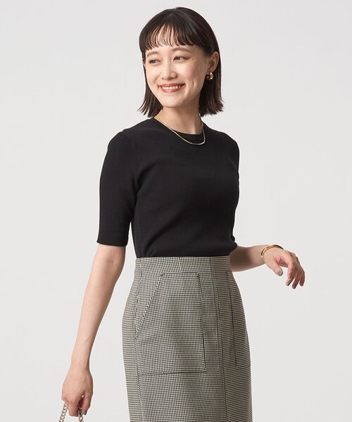 セール】＜1_OF MINE＞リブ クルーネック 5分袖 ニット プルオーバー