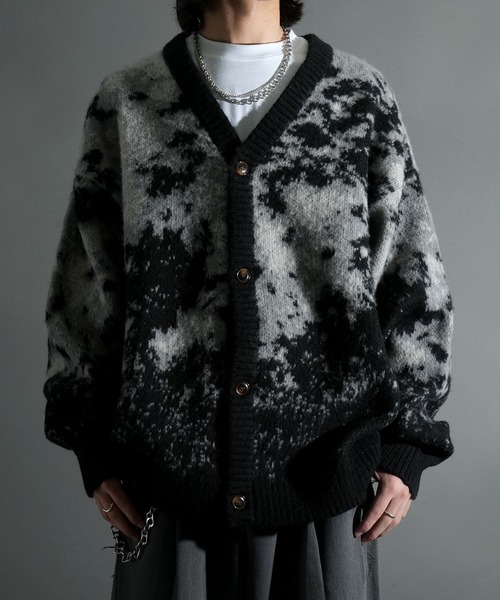 セール】アブストラクト柄 シャギーニット カーディガン（カーディガン