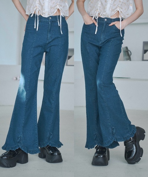 Donoban フリル裾デニムパンツ SHOPLIST限定】大人可愛いスタイルの裾フリルデニムパンツ[品番