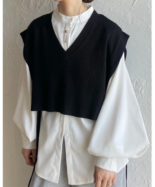 セール】ショート丈深vネックサイドリボンニットベスト（ベスト