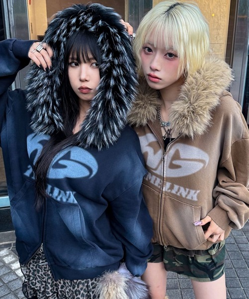 A'GEM/9 ジップアップパーカー フェイクファー F 黒 ブラック A'GEM/9 × .kom 『A'gem/エージェム』 ﾌｧｰ付加工ジップアップパーカー