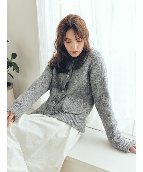 セール】ビジューボタンシャギーポロニットカーディガン（カーディガン