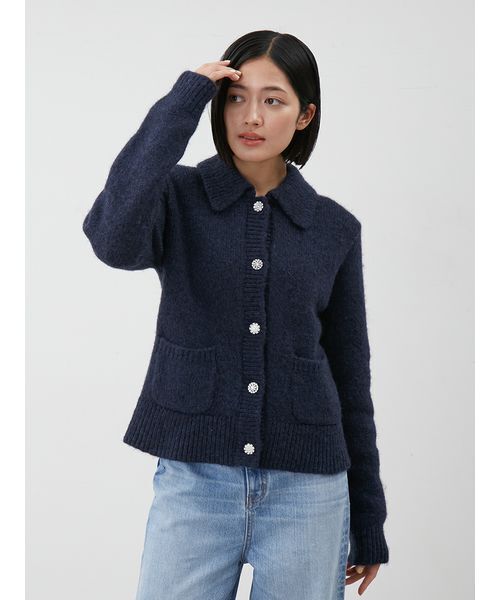 Mila Owen（ミラオーウェン）の「ビジューボタンシャギーポロニットカーディガン（カーディガン/ボレロ・レディース・イエロー/グレー/ネイビー・1/0）」の5枚目の写真