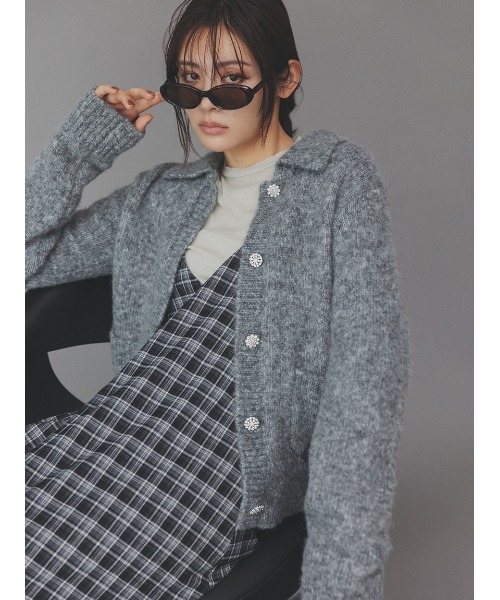 ビジューボタンシャギーポロニットカーディガン（カーディガン