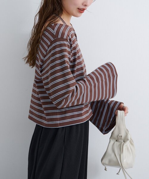 セール】【4色展開/無地&ボーダー】B ベルスリーブ2WAYカットトップス