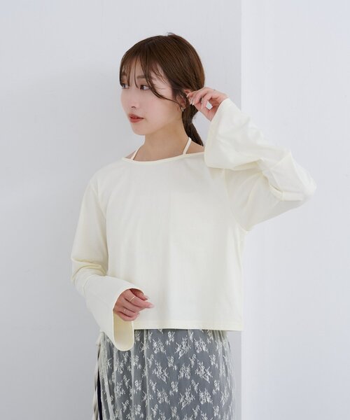 セール】【4色展開/無地&ボーダー】B ベルスリーブ2WAYカットトップス