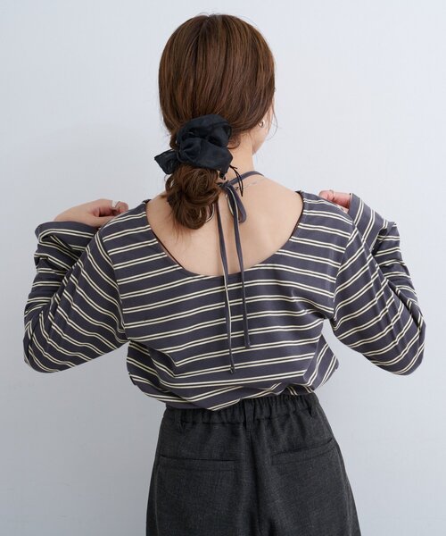 Kastane(カスタネ)の「【4色展開/無地&ボーダー】B ベルスリーブ2WAYカットトップス(Tシャツ/カットソー・レディース・ブラック/アイボリー/チャコールグレー/ブラウン・FREE)」の15枚目の写真