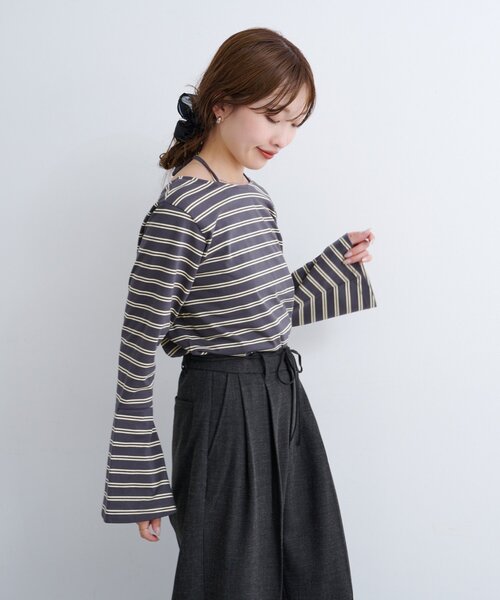 Kastane(カスタネ)の「【4色展開/無地&ボーダー】B ベルスリーブ2WAYカットトップス(Tシャツ/カットソー・レディース・ブラック/アイボリー/チャコールグレー/ブラウン・FREE)」の20枚目の写真