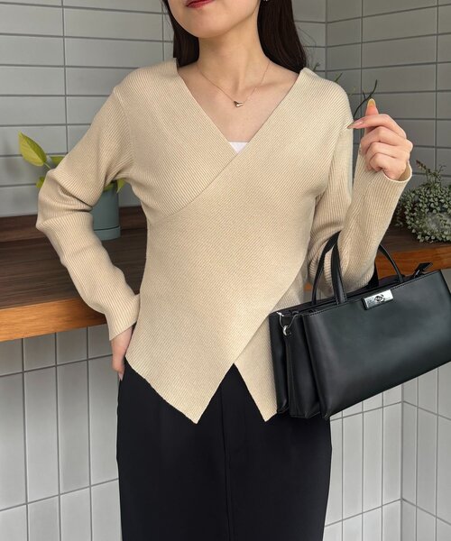 新色/ライトベージュ・グレー】クロスVネックニット（ニット/セーター
