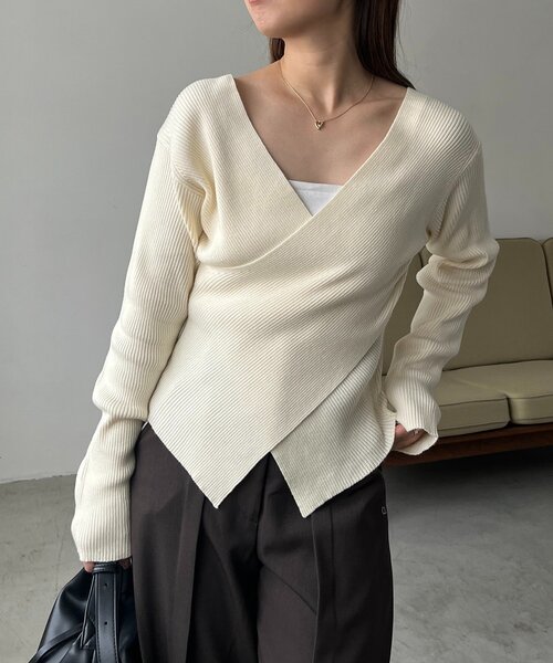 新色/ライトベージュ・グレー】クロスVネックニット（ニット/セーター