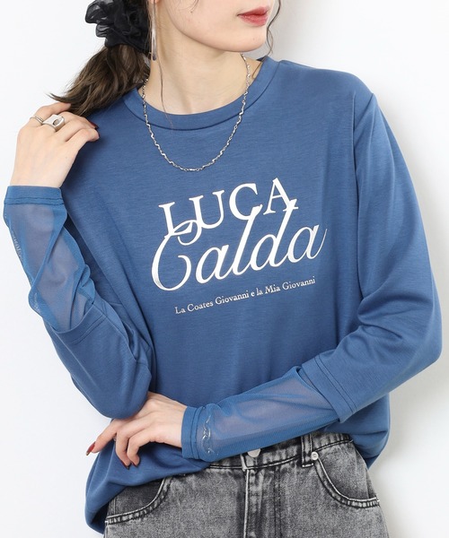 Anna Nicola(アンナニコラ)の「Anna Nicola 袖シアー箔プリントロゴカットソー(Tシャツ/カットソー・レディース・ブラック/チャコールグレー/ブルー・38)」の3枚目の写真
