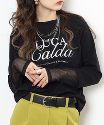 Anna Nicola 袖シアー箔プリントロゴカットソー