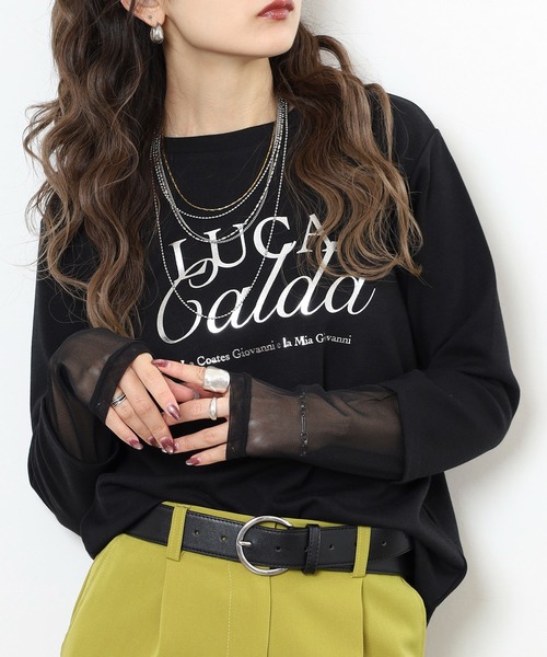 Anna Nicola(アンナニコラ)の「Anna Nicola 袖シアー箔プリントロゴカットソー(Tシャツ/カットソー・レディース・ブラック/チャコールグレー/ブルー・38)」の7枚目の写真