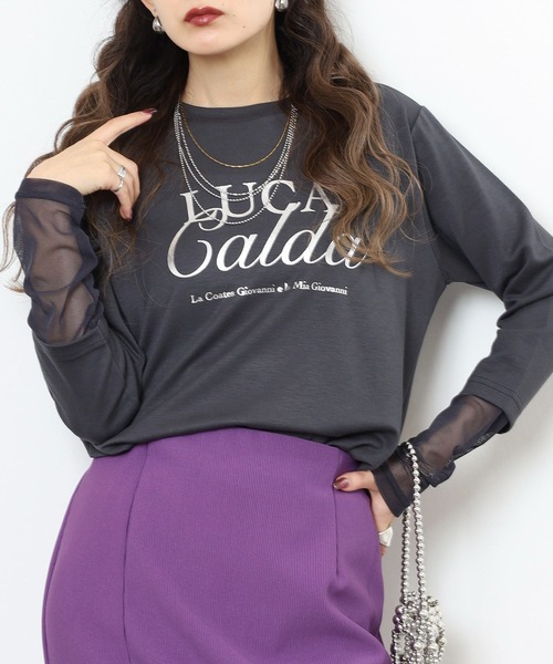 Anna Nicola(アンナニコラ)の「Anna Nicola 袖シアー箔プリントロゴカットソー(Tシャツ/カットソー・レディース・ブラック/チャコールグレー/ブルー・38)」の13枚目の写真