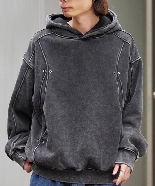 Theater code（シアターコード）の「Brushed Fleece Wash-Finished Pullover Hoodie / 裏起毛 ウォッシュ加工 プルオーバーパーカー 2026年 夏 夏服メンズ（パーカー・メンズ・ブラック/グレー・M/L）」の2枚目の写真