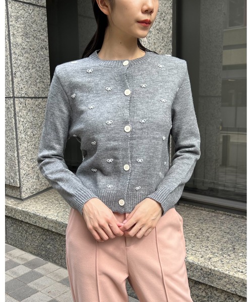 リボンビジュー付き ニットカーディガン（カーディガン/ボレロ