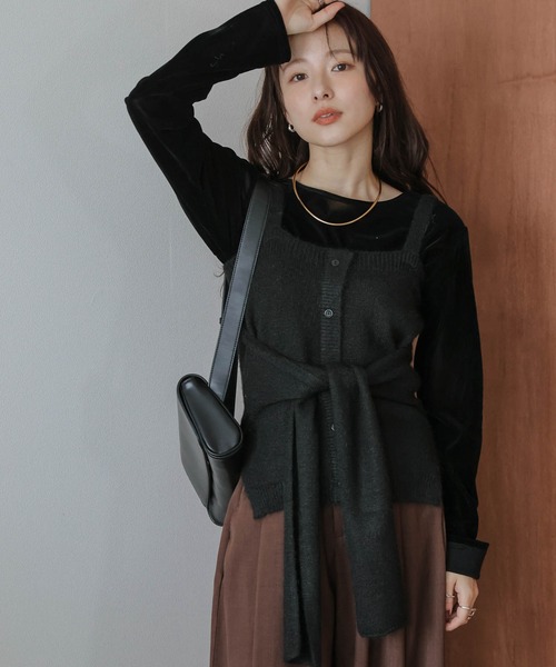 AMELY（エミリー）の「ウエストリボン ニットキャミソール（キャミソール・レディース・グレー/ブラック/ブラウン・フリー）」の4枚目の写真