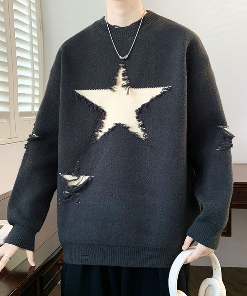 aimoha(アイモハ)の「ダメージ加工ニット/Distressed knit aimoha neo(ニット/セーター・メンズ・ブラック/グリーン/ダークグレー・XXX-LARGE/XX-LARGE/X-LARGE)」の2枚目の写真