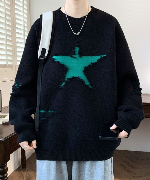 aimoha(アイモハ)の「ダメージ加工ニット/Distressed knit aimoha neo(ニット/セーター・メンズ・ブラック/グリーン/ダークグレー・XXX-LARGE/XX-LARGE/X-LARGE)」の1枚目の写真