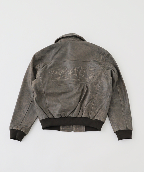 ジャケット・アウター BoTT Script Logo Cracked Leather Jacket セール】BoTT / ボット SCRIPT LOGO CRACKED LEATHER JACKET