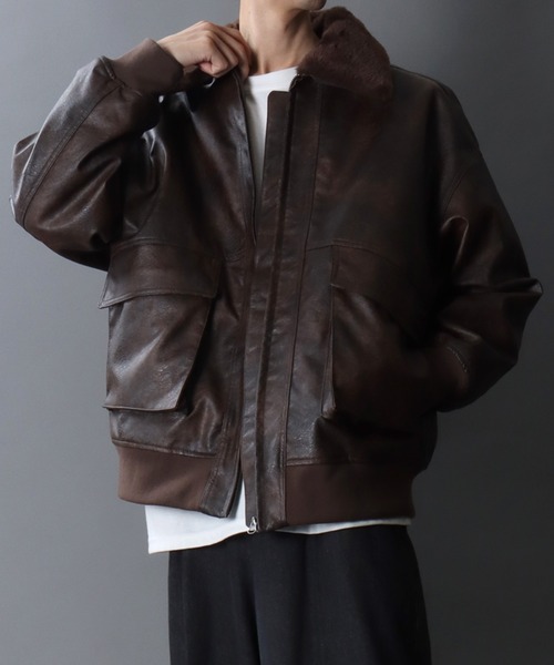 レザージャケット　A2 フライトジャケット　ファー セール】Synthetic Leather A-2 Jacket/2WAY フェイクレザー 衿ファー