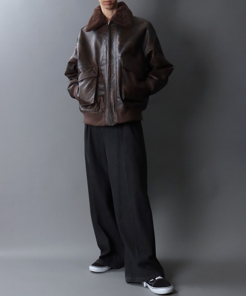 2XLサイズ✨ダブルブレスト A-2 フライトジャケット 本革 ファー襟 セール】Synthetic Leather A-2 Jacket/2WAY フェイクレザー 衿ファー