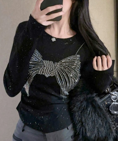 Riff(リフ)の「ラインストーンリボントップス(Tシャツ/カットソー・レディース・ホワイト/ブラック・FREE)」の18枚目の写真