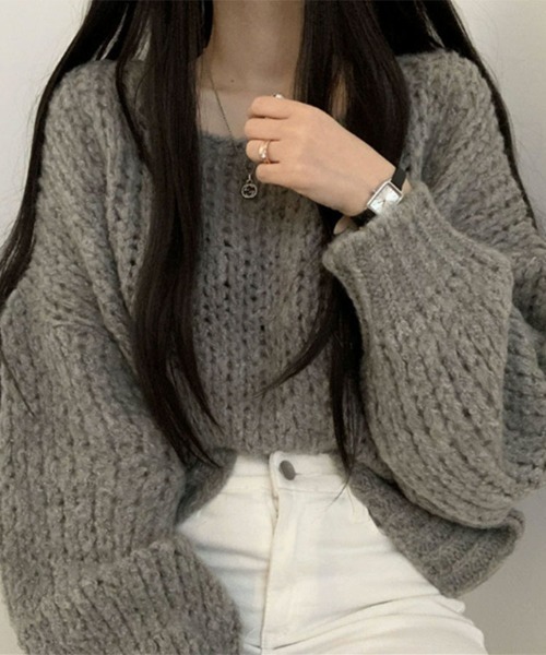 SallyLunn(サリーラン)の「ざっくり編みオーバーゆるニット(ニット/セーター・レディース・グレー/モカ/ホワイト・FREE)」の1枚目の写真