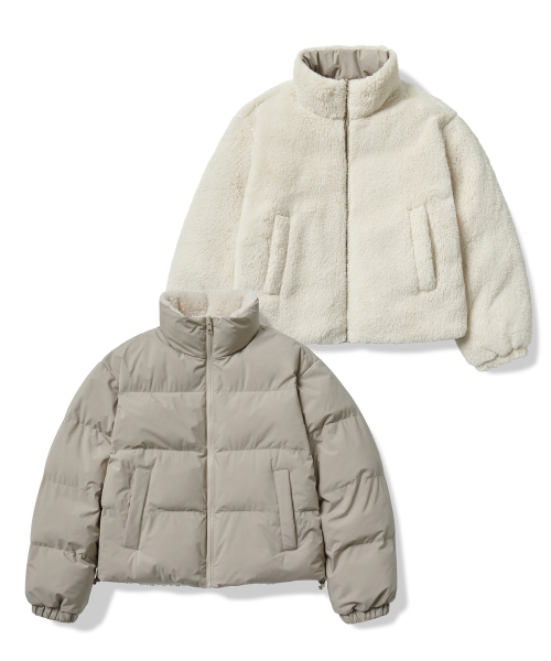 MUSINSA STANDARD WOMAN（ムシンサスタンダードウーマン）の「ウィメンズデイリープファーリバーシブルフリースショートパディングジャケット[ダスティベージュ/クリーム]（ダウンジャケット/コート・レディース・その他・SMALL/MEDIUM/LARGE/X-SMALL）」の5枚目の写真