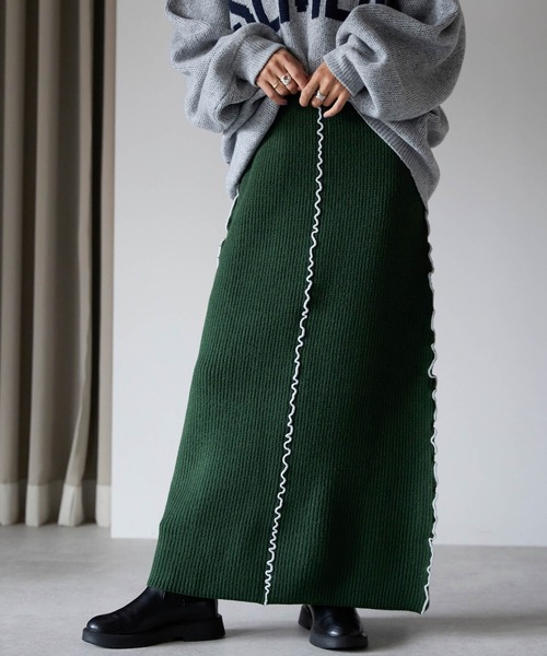pocket（ポケット）の「配色メロー2wayニットスカート（スカート・レディース・チャコールグレー/ライトグレー/グリーン・FREE）」の3枚目の写真