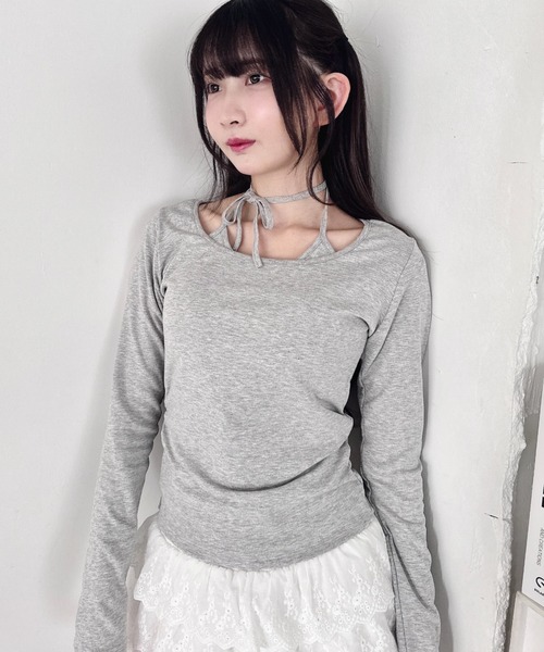 Loueme(ルエム)の「カップ付きホルターネックトップス(Tシャツ/カットソー・レディース・グレー/アイボリー/ブラック/ライトブルー/ピンク・FREE)」の2枚目の写真