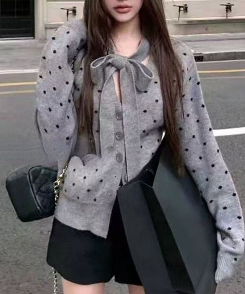 SpRay（スプレイ）の「ドットリボンカーディガン（カーディガン/ボレロ・レディース・グレー/オフホワイト/ブラック・FREE）」の3枚目の写真