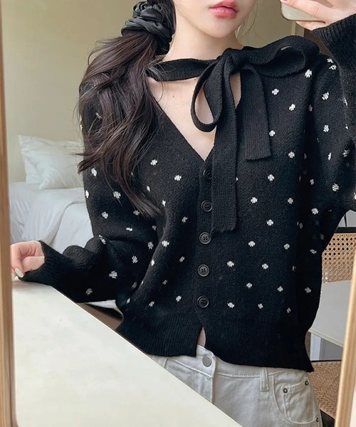 SpRay（スプレイ）の「ドットリボンカーディガン（カーディガン/ボレロ・レディース・グレー/オフホワイト/ブラック・FREE）」の2枚目の写真