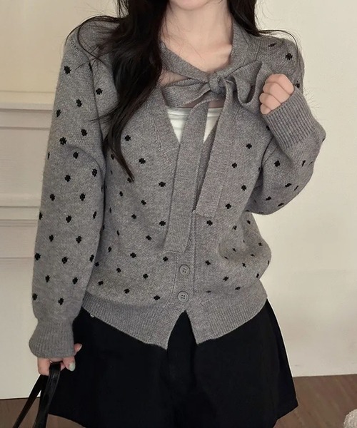 SpRay（スプレイ）の「ドットリボンカーディガン（カーディガン/ボレロ・レディース・グレー/オフホワイト/ブラック・FREE）」の4枚目の写真