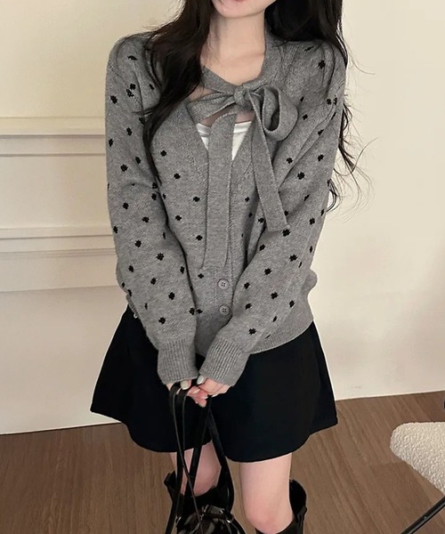SpRay（スプレイ）の「ドットリボンカーディガン（カーディガン/ボレロ・レディース・グレー/オフホワイト/ブラック・FREE）」の5枚目の写真